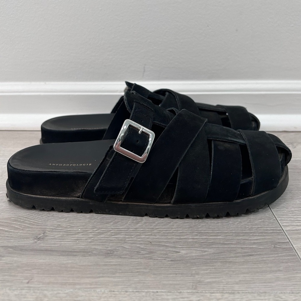 Anthropologie Black Suede Fisherman Slide Sandals Chunky Platform‎ Buckle Sz 9.5
